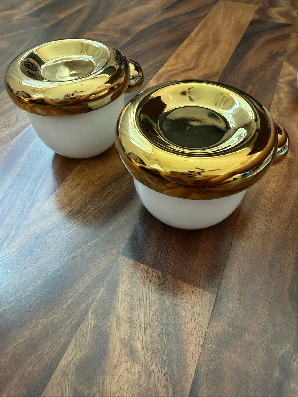 Anthropologie White Glass Salt Cellars with Gold Rim (Pair)